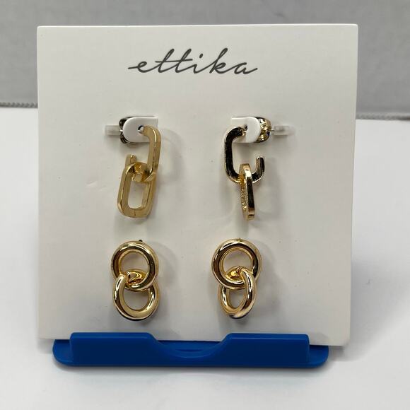 Ettika Fashion Jewelry 2 sets of Gold Pierced Earrings Circle Square GTE272 NWT - Picture 2 of 4